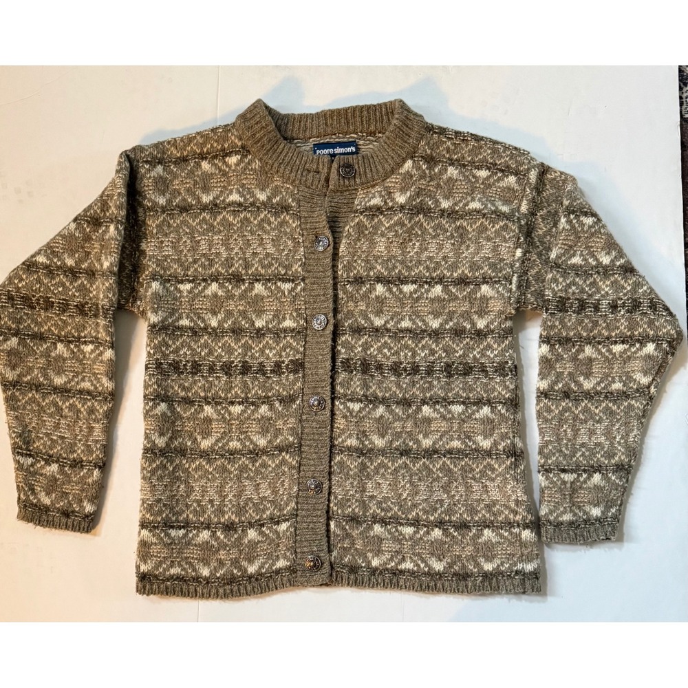 Vintage Poore Simon's Brown Fair Isle Wool Blend Cardigan Sweater Made in USA